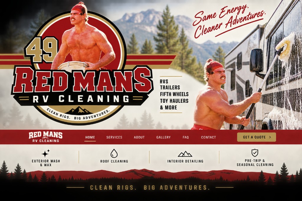 49 Red Mans RV Cleaning mascot washing an RV in the mountains. Same energy. Cleaner adventures. Clean rigs. Big adventures.